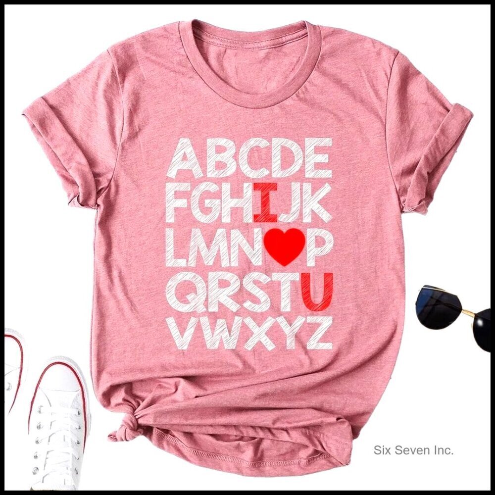 Love Heart Printed Graphic Tee Cute Casual Spring Tops Trendy Crew Neck